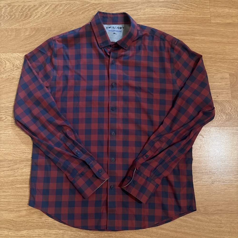 Twillory Untuck(able) Shirt Men's Size M-L Red/Blue Plaid Long Sleeve Stretch